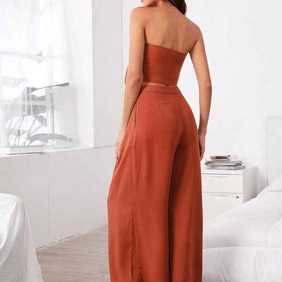 Boho Tie front tube top, pleated wide leg pants set terracotta - Picture 2 of 5